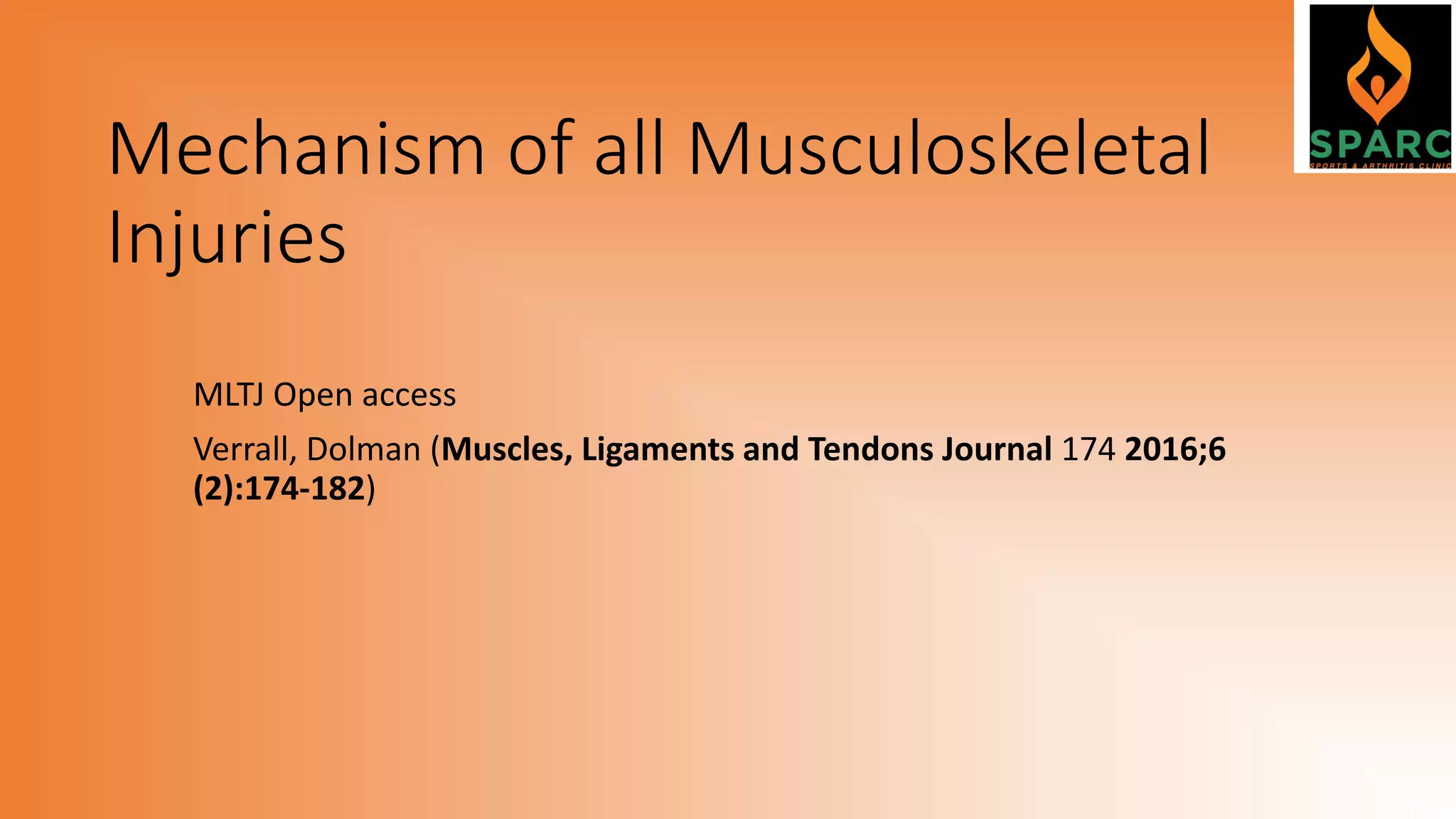Mechanism of all Musculoskeletal
Injuries
MLTJ Open access
Verrall, Dolman (Muscles, Ligaments and Tendons Journal 174 2016;6
(2):174-182)
 
