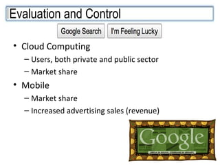 Cloud Computing Users, both private and public sector Market share Mobile  Market share Increased advertising sales (revenue) Evaluation and Control 