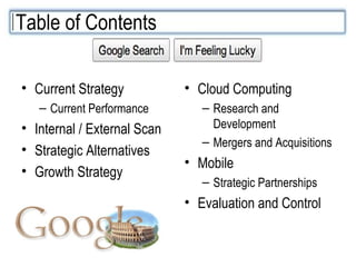 Current Strategy Current Performance Internal / External Scan Strategic Alternatives Growth Strategy Cloud Computing Research and Development Mergers and Acquisitions Mobile Strategic Partnerships Evaluation and Control Table of Contents 