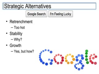 Retrenchment Too hot Stability Why? Growth Yes, but how? Strategic Alternatives 