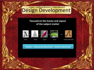 +   +                          =
                 Gothics + Allamanda Blanchetti = Gothica Blanchetti

        Design Development
            +




                 Focused on the leaves and capsul
                      of the subject matter



                 +             +             +                =

        Textur         Hinge        Capsul        Leaves          Gothica Blanchetti




          Gothics + Allamanda Blanchetti = Gothica Blanchetti
 