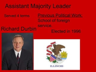 Assistant Majority Leader  Richard Durbin Served 4 terms Previous Political Work:  School of foreign service. Elected in 1996 