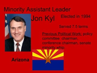 Minority Assistant Leader Jon Kyl Arizona   Served 7.5 terms Elected in 1994 Previous Political Work:  policy committee  chairman, conference chairman, senate minority whip.  