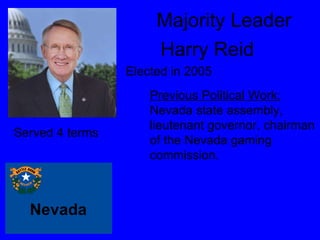 Majority Leader Harry Reid Nevada   Served 4 terms  Elected in 2005 Previous Political Work:  Nevada state assembly, lieutenant governor, chairman of the Nevada gaming commission. 