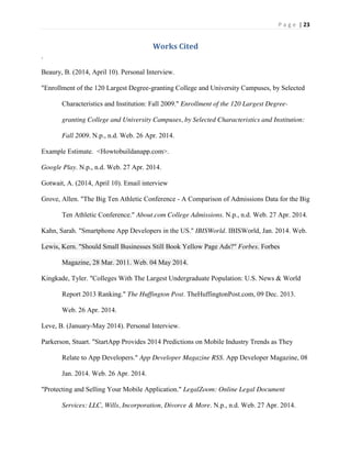 P a g e | 23
Works Cited
.
Beaury, B. (2014, April 10). Personal Interview.
"Enrollment of the 120 Largest Degree-granting College and University Campuses, by Selected
Characteristics and Institution: Fall 2009." Enrollment of the 120 Largest Degree-
granting College and University Campuses, by Selected Characteristics and Institution:
Fall 2009. N.p., n.d. Web. 26 Apr. 2014.
Example Estimate. <Howtobuildanapp.com>.
Google Play. N.p., n.d. Web. 27 Apr. 2014.
Gotwait, A. (2014, April 10). Email interview
Grove, Allen. "The Big Ten Athletic Conference - A Comparison of Admissions Data for the Big
Ten Athletic Conference." About.com College Admissions. N.p., n.d. Web. 27 Apr. 2014.
Kahn, Sarah. "Smartphone App Developers in the US." IBISWorld. IBISWorld, Jan. 2014. Web.
Lewis, Kern. "Should Small Businesses Still Book Yellow Page Ads?" Forbes. Forbes
Magazine, 28 Mar. 2011. Web. 04 May 2014.
Kingkade, Tyler. "Colleges With The Largest Undergraduate Population: U.S. News & World
Report 2013 Ranking." The Huffington Post. TheHuffingtonPost.com, 09 Dec. 2013.
Web. 26 Apr. 2014.
Leve, B. (January-May 2014). Personal Interview.
Parkerson, Stuart. "StartApp Provides 2014 Predictions on Mobile Industry Trends as They
Relate to App Developers." App Developer Magazine RSS. App Developer Magazine, 08
Jan. 2014. Web. 26 Apr. 2014.
"Protecting and Selling Your Mobile Application." LegalZoom: Online Legal Document
Services: LLC, Wills, Incorporation, Divorce & More. N.p., n.d. Web. 27 Apr. 2014.
 