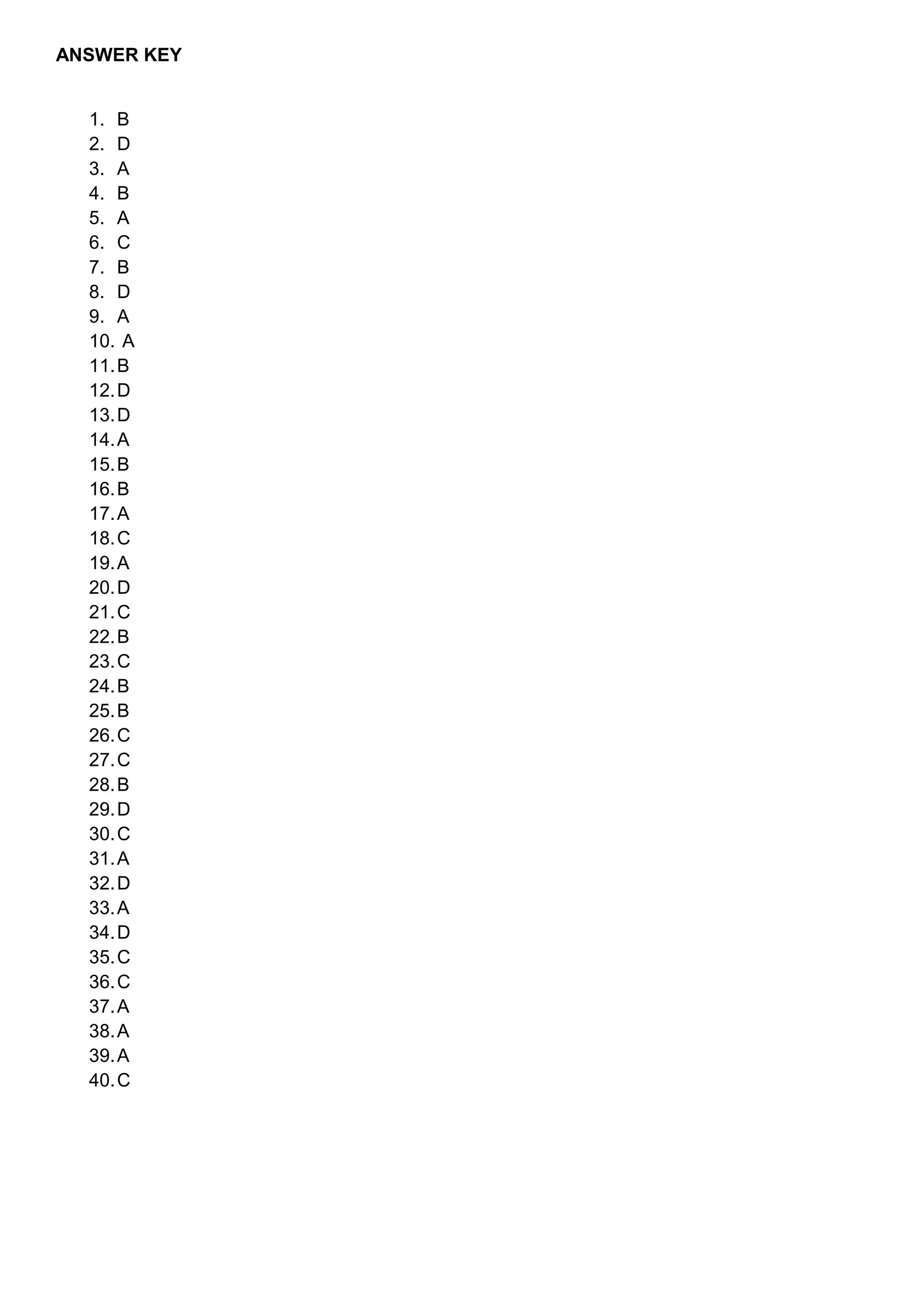 ANSWER KEY
1. B
2. D
3. A
4. B
5. A
6. C
7. B
8. D
9. A
10. A
11.B
12.D
13.D
14.A
15.B
16.B
17.A
18.C
19.A
20.D
21.C
22.B
23.C
24.B
25.B
26.C
27.C
28.B
29.D
30.C
31.A
32.D
33.A
34.D
35.C
36.C
37.A
38.A
39.A
40.C
 