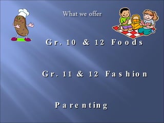 Gr. 10 & 12 Foods Gr. 11 & 12 Fashion Parenting Individuals & Families