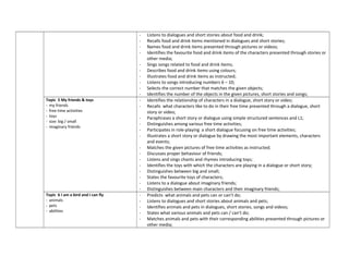 - Listens to dialogues and short stories about food and drink;
- Recalls food and drink items mentioned in dialogues and short stories;
- Names food and drink items presented through pictures or videos;
- Identifies the favourite food and drink items of the characters presented through stories or
other media;
- Sings songs related to food and drink items;
- Describes food and drink items using colours;
- Illustrates food and drink items as instructed;
- Listens to songs introducing numbers 6 – 10;
- Selects the correct number that matches the given objects;
- Identifies the number of the objects in the given pictures, short stories and songs;
Topic 5 My friends & toys
- my friends
- free time activities
- toys
- size: big / small
- imaginary friends
- Identifies the relationship of characters in a dialogue, short story or video;
- Recalls what characters like to do in their free time presented through a dialogue, short
story or video;
- Paraphrases a short story or dialogue using simple structured sentences and L1;
- Distinguishes among various free time activities;
- Participates in role-playing a short dialogue focusing on free time activities;
- Illustrates a short story or dialogue by drawing the most important elements, characters
and events;
- Matches the given pictures of free time activities as instructed;
- Discusses proper behaviour of friends;
- Listens and sings chants and rhymes introducing toys;
- Identifies the toys with which the characters are playing in a dialogue or short story;
- Distinguishes between big and small;
- States the favourite toys of characters;
- Listens to a dialogue about imaginary friends;
- Distinguishes between main characters and their imaginary friends;
Topic 6 I am a bird and I can fly
- animals
- pets
- abilities
- Predicts what animals and pets can or can’t do;
- Listens to dialogues and short stories about animals and pets;
- Identifies animals and pets in dialogues, short stories, songs and videos;
- States what various animals and pets can / can’t do;
- Matches animals and pets with their corresponding abilities presented through pictures or
other media;
 