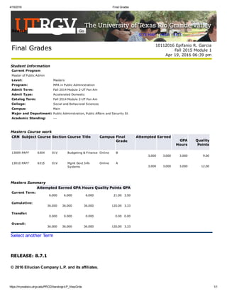 4/19/2016 Final Grades
https://mywebsis.utrgv.edu/PROD/bwskogrd.P_ViewGrde 1/1
RELEASE: 8.7.1
Search    Go
SITE MAP | HELP | EXIT
Final Grades
 
10112016 Epifanio R. Garcia
Fall 2015 Module 1
Apr 19, 2016 06:39 pm
Student Information
Current Program
Master of Public Admin
Level: Masters
Program: MPA in Public Administration
Admit Term: Fall 2014 Module 2­UT Pan Am
Admit Type: Accelerated Domestic
Catalog Term: Fall 2014 Module 2­UT Pan Am
College: Social and Behavioral Sciences
Campus: Main
Major and Department: Public Administration, Public Affairs and Security St
Academic Standing: ­­­
Masters Course work
CRN Subject Course Section Course Title Campus Final
Grade
Attempted Earned
GPA
Hours
Quality
Points
 
13009 PAFF 6304 01V Budgeting & Finance Online B
3.000 3.000 3.000 9.00
 
13010 PAFF 6315 01V Mgmt Govt Info
Systems
Online A
3.000 3.000 3.000 12.00
 
Masters Summary
  Attempted Earned GPA Hours Quality Points GPA
Current Term:
6.000 6.000 6.000 21.00 3.50
Cumulative:
36.000 36.000 36.000 120.00 3.33
Transfer:
0.000 0.000 0.000 0.00 0.00
Overall:
36.000 36.000 36.000 120.00 3.33
Select another Term
 
© 2016 Ellucian Company L.P. and its affiliates.
 