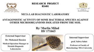 RESEARCH PROJECT
RS401
META LAB DIAGNOSTIC LABORATORY
ANTAGONISTIC ACTIVITY OF SOME BACTERIAL SPECIES AGAINST
OTHER MICROORGANISMS ISOLATED FROM THE SOIL
External Supervisor
Dr. Mohamed Hussien
Medical Operation Manager at
Metalab Diagnostic
Laboratories
Internal Supervisor
prof. Salwa Sabet
Professor at Faculty of
Biotechnology MSA University
By/ Marlin Milad
ID/ 171663
 