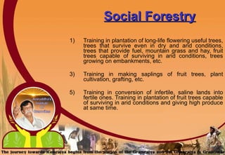 Social Forestry Training in plantation of long-life flowering useful trees, trees that survive even in dry and arid conditions, trees that provide fuel, mountain grass and hay, fruit trees capable of surviving in arid conditions, trees growing on embankments, etc.  Training in making saplings of fruit trees, plant cultivation, grafting, etc. Training in conversion of infertile, saline lands into fertile ones. Training in plantation of fruit trees capable of surviving in arid conditions and giving high produce at same time.  