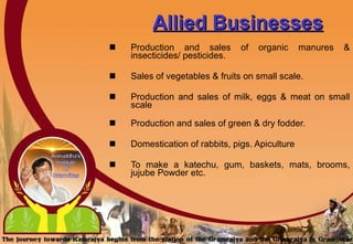 Allied Businesses Production and sales of organic manures & insecticides/ pesticides. Sales of vegetables & fruits on small scale. Production and sales of milk, eggs & meat on small scale Production and sales of green & dry fodder. Domestication of rabbits, pigs. Apiculture To make a katechu, gum, baskets, mats, brooms, jujube Powder etc.   