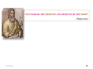 “LET FOOD BE THE MEDICINE AND MEDICINE BE THE FOOD”
- Hippocrates
210/12/2016
 