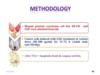 • Human prostate carcinoma cell line DU145 and
GSE were obtained from lab
• Cancer cells induced with GSE treatment at various
doses (50–200 μg/ml) for 12–72 h (Adult male
rats=50-65g)
• After 72 h = Apoptotic death & caspase activity.
3010/12/2016
 
