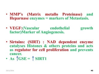 • MMP’s (Matrix metallo Proteinase) and
Heparnase enzymes = markers of Metastasis.
• VEGF:(Vascular endothelial growth
factor)Marker of Angiogenesis.
• Sirtuins: (SIRT) : NAD dependent enzyme
catalyses Histones & others proteins and acts
as regulator for cell proliferation and prevents
cancer.
• As GSE = SIRT1
4210/12/2016
 