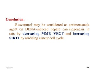 Conclusion:
Resveratrol may be considered as antimetastatic
agent on DENA-induced hepato carcinogenesis in
rats by decreasing MMP, VEGF and increasing
SIRT1 by arresting cancer cell cycle.
4610/12/2016
 