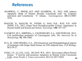 References
AGARWAL, C, SINGH, R.P. AND AGARWAL, R., 2012, GSE induces
Apoptotic death of Human Prostate Carcinoma cells via Caspases
activation and Cytochrome ‘C’ release. Carcinogenesis. 23(11):1869-
1876.
BAGCHI, D., BAGCHI, M., STOHS, S., DAS, D.K., RAY, S.D. AND
JOSHI, S.S., 2012, Grape Seed Proanthocyanidin Extract: Importance in
Human health and disease prevention. Toxicology. 148: 187-197.
CLEMENT, M.V., HIRPERA, J., CHAWDHARY, S.A. AND PERVAIZ, 2012,
Cell proliferation properties of Carcinogenic cells, The American So of
Hematology, 92: 996-1002.
ELA, EI. AND OMARA, E.A., 2014,Genotoxic and Histopathological aspects
of treatment with Grape Seed Extract on CPA induced mice. Cell Biology.
2(3):18-27.
FANG, J.Y., LI, Z.H., LI,Q., HUANY, W.S., 2013, Resveratrol affects Protein
Kinase ‘C’activity and promotes Apoptosis in Human Colon Carcinoma
Cells. Asian Pacific J. Cancer prevention. 13 (12): 6017-6022. 6910/12/2016
 