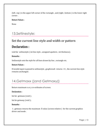 (left , top ) is the upper left corner of the rectangle , and (right , bottom ) is the lower right
corner .

Return Values :

None




13.Setlinestyle:

Set the current line style and width or pattern
Declaration :
void far setlinestyle ( int line style , unsigned upattern , int thickness);

Remarks :

Setlinestyle sets the style for all lines drawn by line , rectangle etc.

Return Values :

If invalid input is passed to setlinestyle , graphresult returns -11 , the current line style
remains unchanged .




14.Getmaxx ()and Getmaxy()
Return maximum x or y co-ordinates of screen.

Declaration :

Int far getmaxx (void );

Int far getmaxy (void );

Remarks :

1 . getmaxx returns the maximum X value (screen relative ) for the current graphics
driver and mode .



                                                                                        Page | 13
 