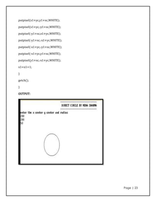 putpixel(x1+yc,y1+xc,WHITE);

putpixel(x1+yc,-y1+xc,WHITE);

putpixel(-y1+xc,x1+yc,WHITE);

putpixel(-y1+xc,-x1+yc,WHITE);

putpixel(-x1+yc,-y1+xc,WHITE);

putpixel(-x1+yc,y1+xc,WHITE);

putpixel(y1+xc,-x1+yc,WHITE);

x1=x1+1;

}

getch();

}

OUTPUT:




                                 Page | 23
 