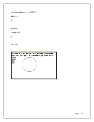 putpixel(-x1+xc,y1+yc,WHITE);

x1=x1+1;

}



getch();

closegraph();

}



OUTPUT:




                                Page | 31
 