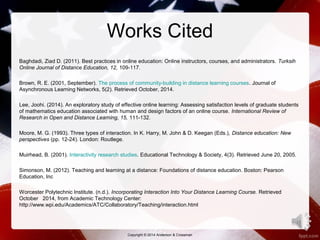 Works Cited 
Baghdadi, Ziad D. (2011). Best practices in online education: Online instructors, courses, and administrators. Turksih 
Online Journal of Distance Education, 12, 109-117. 
Brown, R. E. (2001, September). The process of community-building in distance learning courses. Journal of 
Asynchronous Learning Networks, 5(2). Retrieved October, 2014. 
Lee, Joohi. (2014). An exploratory study of effective online learning: Assessing satisfaction levels of graduate students 
of mathematics education associated with human and design factors of an online course. International Review of 
Research in Open and Distance Learning, 15, 111-132. 
Moore, M. G. (1993). Three types of interaction. In K. Harry, M. John & D. Keegan (Eds.), Distance education: New 
perspectives (pp. 12-24). London: Routlege. 
Muirhead, B. (2001). Interactivity research studies. Educational Technology & Society, 4(3). Retrieved June 20, 2005. 
Simonson, M. (2012). Teaching and learning at a distance: Foundations of distance education. Boston: Pearson 
Education, Inc 
Worcester Polytechnic Institute. (n.d.). Incorporating Interaction Into Your Distance Learning Course. Retrieved 
October 2014, from Academic Technology Center: 
http://www.wpi.edu/Academics/ATC/Collaboratory/Teaching/interaction.html 
17 
Copyright © 2014 Anderson & Crossman 
 