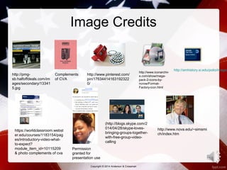 Image Credits 
http://amhistory.si.edu/polio/images/http://pmg-sb. 
halfoffdeals.com/im 
ages/secondary/13341 
5.jpg 
Copyright © 2014 Anderson & Crossman 
18 
http://www.pinterest.com/ 
pin/17634414163192322 
0/ 
http://www.iconarchiv 
e.com/show/mega-pack- 
2-icons-by-ncrow/ 
Format- 
Factory-icon.html 
Complements 
of CVA 
https://worldclassroom.webst 
er.edu/courses/1183154/pag 
es/introductory-video-what-to- 
expect? 
module_item_id=10115209 
& photo complements of cva 
(http://blogs.skype.com/2 
014/04/28/skype-loves-bringing- 
groups-together-with- 
free-group-video-calling 
Permission 
granted for 
presentation use 
http://www.nova.edu/~simsmi 
ch/index.htm 
 