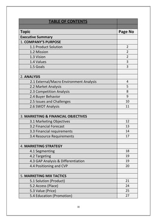 TABLE OF CONTENTS
Topic Page No
Executive Summary
1. COMPANY’S PURPOSE
1.1 Product Solution 2
1.2 Mission 2
1.3 Vision 2
1...