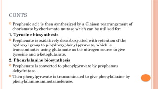 CONTS
 Prephenic acid is then synthesized by a Claisen rearrangement of
chorismate by chorismate mutase which can be utilised for:
1. Tyrosine biosynthesis
 Prephenate is oxidatively decarboxylated with retention of the
hydroxyl group to p-hydroxyphenyl pyruvate, which is
transaminated using glutamate as the nitrogen source to give
tyrosine and α-ketoglutarate.
2. Phenylalanine biosynthesis
 Prephenate is converted to phenylpyruvate by prephenate
dehydratase.
 Then phenylpyruvate is transaminated to give phenylalanine by
phenylalanine aminotransferase.
 