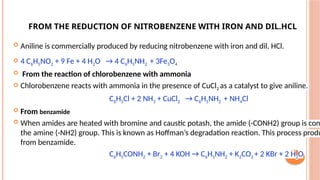 FROM THE REDUCTION OF NITROBENZENE WITH IRON AND DIL.HCL
 Aniline is commercially produced by reducing nitrobenzene with iron and dil. HCl.
 4 C6H5NO2 + 9 Fe + 4 H2O → 4 C6H5NH2 + 3Fe3O4
 From the reaction of chlorobenzene with ammonia
 Chlorobenzene reacts with ammonia in the presence of CuCl2 as a catalyst to give aniline.
C6H5Cl + 2 NH3 + CuCl2 → C6H5NH2 + NH4Cl
 From benzamide
 When amides are heated with bromine and caustic potash, the amide (-CONH2) group is con
the amine (-NH2) group. This is known as Hoffman’s degradation reaction. This process produ
from benzamide.
C6H5CONH2 + Br2 + 4 KOH → C6H5NH2 + K2CO3 + 2 KBr + 2 H2O
 