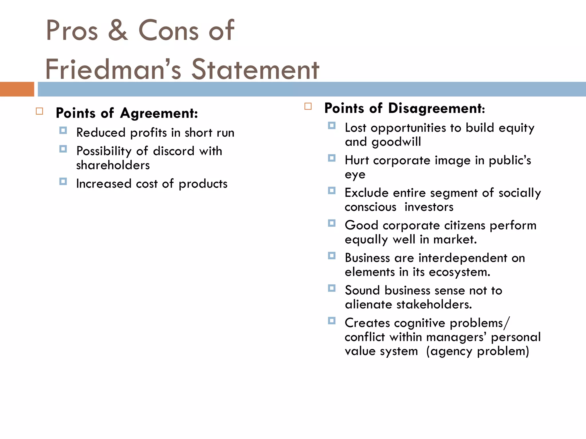 Pros & Cons of  Friedman’s Statement Points of Disagreement : Lost opportunities to build equity and goodwill Hurt corporate image in public’s eye Exclude entire segment of socially conscious  investors  Good corporate citizens perform equally well in market. Business are interdependent on elements in its ecosystem. Sound business sense not to alienate stakeholders.  Creates cognitive problems/ conflict within managers’ personal value system  (agency problem) Points of Agreement: Reduced profits in short run Possibility of discord with shareholders Increased cost of products 