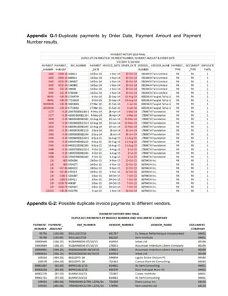 Appendix G-1:​Duplicate payments by Order Date, Payment Amount and Payment
Number results.
Appendix G-2: ​Possible duplicate invoice payments to different vendors.
Page 18 of 20
 