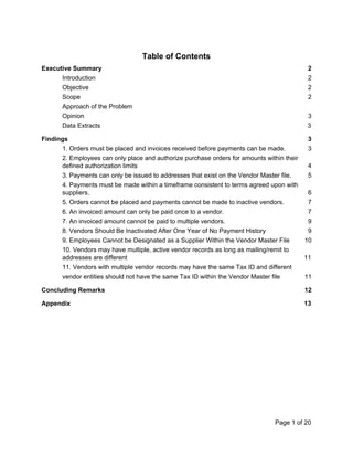 Table of Contents
Executive Summary 2
Introduction 2
Objective 2
Scope 2
Approach of the Problem
Opinion 3
Data Extracts 3
Findings 3
1. Orders must be placed and invoices received before payments can be made. 3
2. Employees can only place and authorize purchase orders for amounts within their
defined authorization limits 4
3. Payments can only be issued to addresses that exist on the Vendor Master file. 5
4. Payments must be made within a timeframe consistent to terms agreed upon with
suppliers. 6
5. Orders cannot be placed and payments cannot be made to inactive vendors. 7
6. An invoiced amount can only be paid once to a vendor. 7
7. An invoiced amount cannot be paid to multiple vendors. 9
8. Vendors Should Be Inactivated After One Year of No Payment History 9
9. Employees Cannot be Designated as a Supplier Within the Vendor Master File 10
10. Vendors may have multiple, active vendor records as long as mailing/remit to
addresses are different 11
11. Vendors with multiple vendor records may have the same Tax ID and different
vendor entities should not have the same Tax ID within the Vendor Master file 11
Concluding Remarks 12
Appendix 13
Page 1 of 20
 