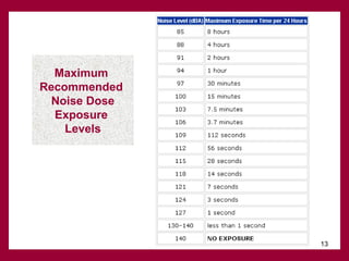 Maximum
Recommended
Noise Dose
Exposure
Levels

13

 