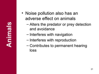 Animals

• Noise pollution also has an
adverse effect on animals
– Alters the predator or prey detection
and avoidance
– Interferes with navigation
– Interferes with reproduction
– Contributes to permanent hearing
loss

21

 
