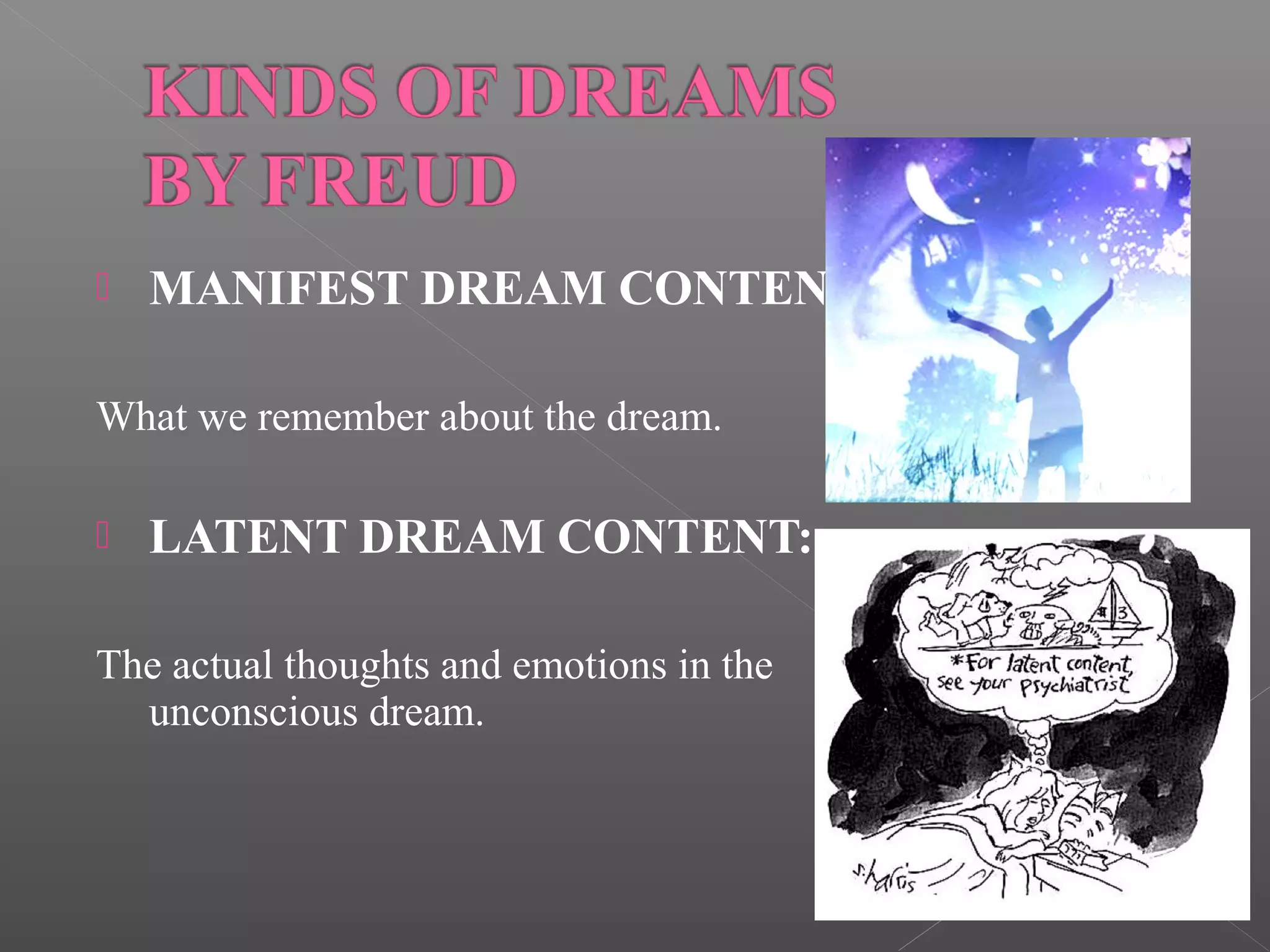 

MANIFEST DREAM CONTENT:

What we remember about the dream.


LATENT DREAM CONTENT:

The actual thoughts and emotions in the
unconscious dream.

 