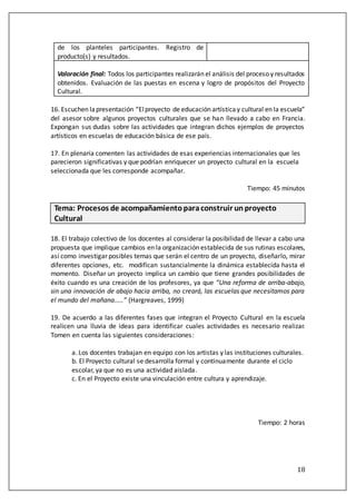 18
16. Escuchen lapresentación “Elproyecto de educación artísticay cultural en la escuela”
del asesor sobre algunos proyectos culturales que se han llevado a cabo en Francia.
Expongan sus dudas sobre las actividades que integran dichos ejemplos de proyectos
artísticos en escuelas de educación básica de ese país.
17. En plenaria comenten las actividades de esas experiencias internacionales que les
parecieron significativas y que podrían enriquecer un proyecto cultural en la escuela
seleccionada que les corresponde acompañar.
Tiempo: 45 minutos
Tema: Procesos de acompañamientoparaconstruir unproyecto
Cultural
18. El trabajo colectivo de los docentes al considerar la posibilidad de llevar a cabo una
propuesta que implique cambios en la organización establecida de sus rutinas escolares,
así como investigar posibles temas que serán el centro de un proyecto, diseñarlo, mirar
diferentes opciones, etc. modifican sustancialmente la dinámica establecida hasta el
momento. Diseñar un proyecto implica un cambio que tiene grandes posibilidades de
éxito cuando es una creación de los profesores, ya que “Una reforma de arriba-abajo,
sin una innovación de abajo hacia arriba, no creará, las escuelas que necesitamos para
el mundo del mañana.....” (Hargreaves, 1999)
19. De acuerdo a las diferentes fases que integran el Proyecto Cultural en la escuela
realicen una lluvia de ideas para identificar cuales actividades es necesario realizar.
Tomen en cuenta las siguientes consideraciones:
a. Los docentes trabajan en equipo con los artistas y las instituciones culturales.
b. El Proyecto cultural se desarrolla formal y continuamente durante el ciclo
escolar, ya que no es una actividad aislada.
c. En el Proyecto existe una vinculación entre cultura y aprendizaje.
Tiempo: 2 horas
de los planteles participantes. Registro de
producto(s) y resultados.
Valoración final: Todos los participantes realizarán el análisis del proceso y resultados
obtenidos. Evaluación de las puestas en escena y logro de propósitos del Proyecto
Cultural.
 