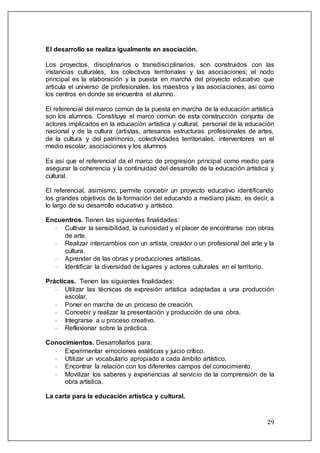 29
El desarrollo se realiza igualmente en asociación.
Los proyectos, disciplinarios o transdisciplinarios, son construidos con las
instancias culturales, los colectivos territoriales y las asociaciones; el nodo
principal es la elaboración y la puesta en marcha del proyecto educativo que
articula el universo de profesionales, los maestros y las asociaciones, así como
los centros en donde se encuentra el alumno.
El referencial del marco común de la puesta en marcha de la educación artística
son los alumnos. Constituye el marco común de esta construcción conjunta de
actores implicados en la educación artística y cultural, personal de la educación
nacional y de la cultura (artistas, artesanos estructuras profesionales de artes,
de la cultura y del patrimonio, colectividades territoriales, interventores en el
medio escolar, asociaciones y los alumnos
Es así que el referencial da el marco de progresión principal como medio para
asegurar la coherencia y la continuidad del desarrollo de la educación artística y
cultural.
El referencial, asimismo, permite concebir un proyecto educativo identificando
los grandes objetivos de la formación del educando a mediano plazo, es decir, a
lo largo de su desarrollo educativo y artístico.
Encuentros. Tienen las siguientes finalidades:
 Cultivar la sensibilidad, la curiosidad y el placer de encontrarse con obras
de arte.
 Realizar intercambios con un artista, creador o un profesional del arte y la
cultura.
 Aprender de las obras y producciones artísticas.
 Identificar la diversidad de lugares y actores culturales en el territorio.
Prácticas. Tienen las siguientes finalidades:
 Utilizar las técnicas de expresión artística adaptadas a una producción
escolar.
 Poner en marcha de un proceso de creación.
 Concebir y realizar la presentación y producción de una obra.
 Integrarse a u proceso creativo.
 Reflexionar sobre la práctica.
Conocimientos. Desarrollarlos para:
 Experimentar emociones estéticas y juicio crítico.
 Utilizar un vocabulario apropiado a cada ámbito artístico.
 Encontrar la relación con los diferentes campos del conocimiento.
 Movilizar los saberes y experiencias al servicio de la comprensión de la
obra artística.
La carta para la educación artística y cultural.
 