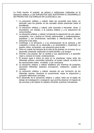 30
La Carta resume el conjunto de actores e instituciones implicadas en la
educación artística y LOS SUPUESTOS QUE SUSTENTAN EL DESARROLLO
DE PROYECTOS CULTURALES EN LA ESCUELA, son:
1. La educación artística y cultural debe ser accesible para todos, en
particular para los jóvenes en las escuelas desde preescolar hasta el
bachillerato.
2. La educación artística y cultural está asociada a frecuentar obras, a
encontrarse con artistas, a la práctica artística y a la adquisición de
conocimientos.
3. La educación artística y cultural comprende la adquisición de una cultura
compartida, rica y diversa en formas patrimoniales y contemporáneas,
populares y sus dimensiones nacionales e internacionales, Es una
educación a las artes.
4. Contribuye a la formación y a la emancipación de la persona y del
ciudadano a través de su desarrollo y su sensibilidad y creatividad, su
espíritu crítico; es también, una educación para el arte.
5. Toma en cuenta los tiempos de la vida de los jóvenes en el marco de un
desarrollo coherente implicando el medio familiar y de amigos.
6. Permite a los jóvenes dar un sentido a sus experiencias y a aprender
mejor y conocer el mundo contemporáneo.
7. El acceso igual a todos se basa en la enseñanza mutua entre los
diferentes actores, comunidad educativa, el mundo cultural, el sector de
las asociaciones civiles, el estado y sus municipios.
8. La educación artística y cultural establece una dinámica de proyectos
asociando diferentes aspectos (concepción, evaluación, puesta en
marcha).
9. La educación artística y cultural necesita de una formación de los
diferentes actores, favorecer el conocimiento mutuo la adquisición y
compartir referencias comunes.
10.El desarrollo de la educación artística y cultura debe ser el objeto de
trabajo de investigación y evaluación que permita observar el impacto de
las acciones y de mejorar la calidad y fomentar practicas innovadoras.
 