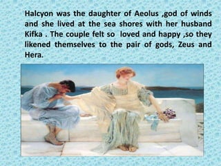 Halcyon was the daughter of Aeolus ,god of winds
and she lived at the sea shores with her husband
Kifka . The couple felt so loved and happy ,so they
likened themselves to the pair of gods, Zeus and
Hera.
 