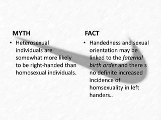 MYTH 
• Heterosexual 
individuals are 
somewhat more likely 
to be right-handed than 
homosexual individuals. 
FACT 
• Handedness and sexual 
orientation may be 
linked to the faternal 
birth order and there s 
no definite increased 
incidence of 
homsexuality in left 
handers.. 
 