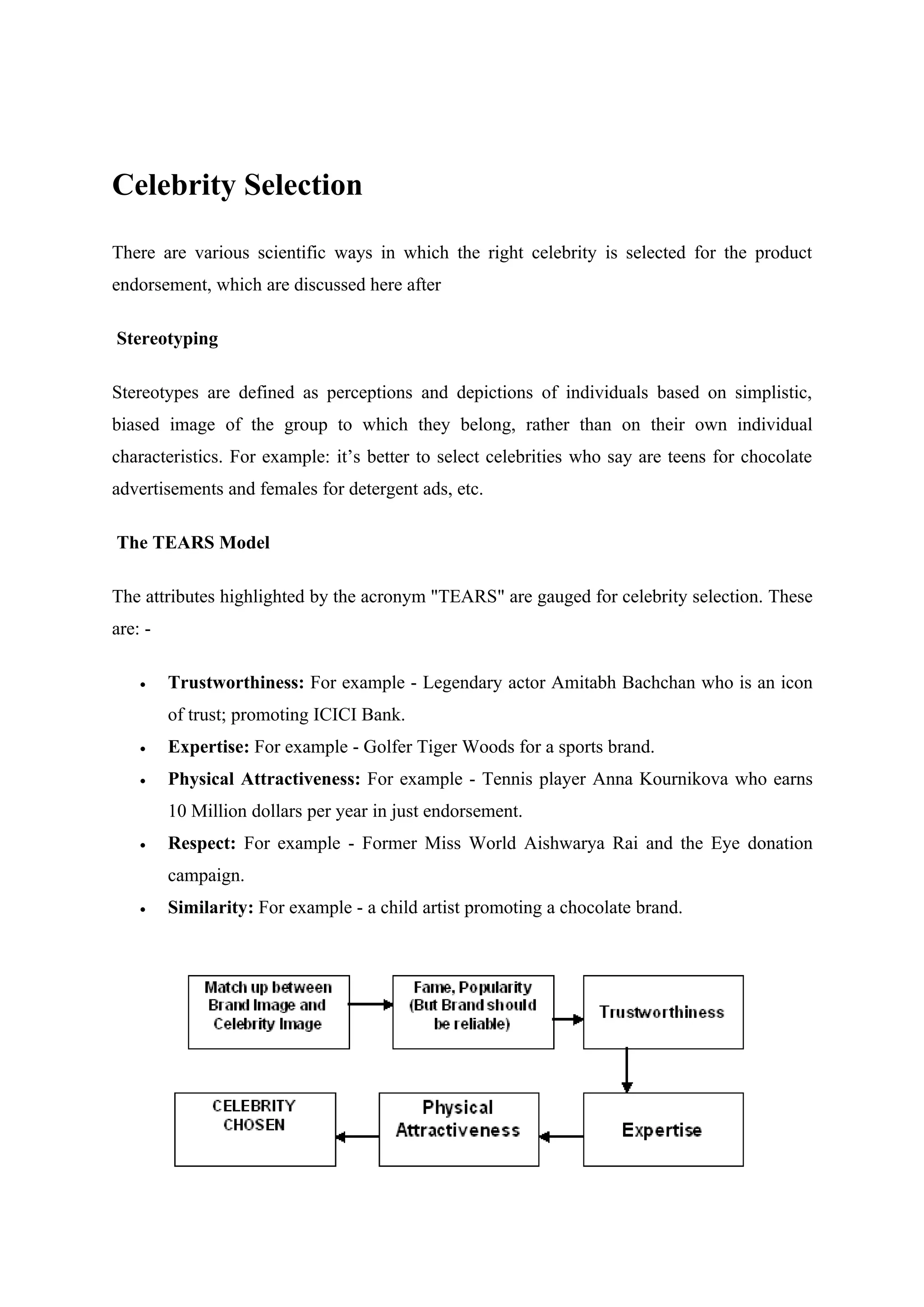 Celebrity Selection

There are various scientific ways in which the right celebrity is selected for the product
endorsement, which are discussed here after

Stereotyping

Stereotypes are defined as perceptions and depictions of individuals based on simplistic,
biased image of the group to which they belong, rather than on their own individual
characteristics. For example: it’s better to select celebrities who say are teens for chocolate
advertisements and females for detergent ads, etc.

The TEARS Model

The attributes highlighted by the acronym "TEARS" are gauged for celebrity selection. These
are: -

    •    Trustworthiness: For example - Legendary actor Amitabh Bachchan who is an icon
         of trust; promoting ICICI Bank.
    •    Expertise: For example - Golfer Tiger Woods for a sports brand.
    •    Physical Attractiveness: For example - Tennis player Anna Kournikova who earns
         10 Million dollars per year in just endorsement.
    •    Respect: For example - Former Miss World Aishwarya Rai and the Eye donation
         campaign.
    •    Similarity: For example - a child artist promoting a chocolate brand.
 