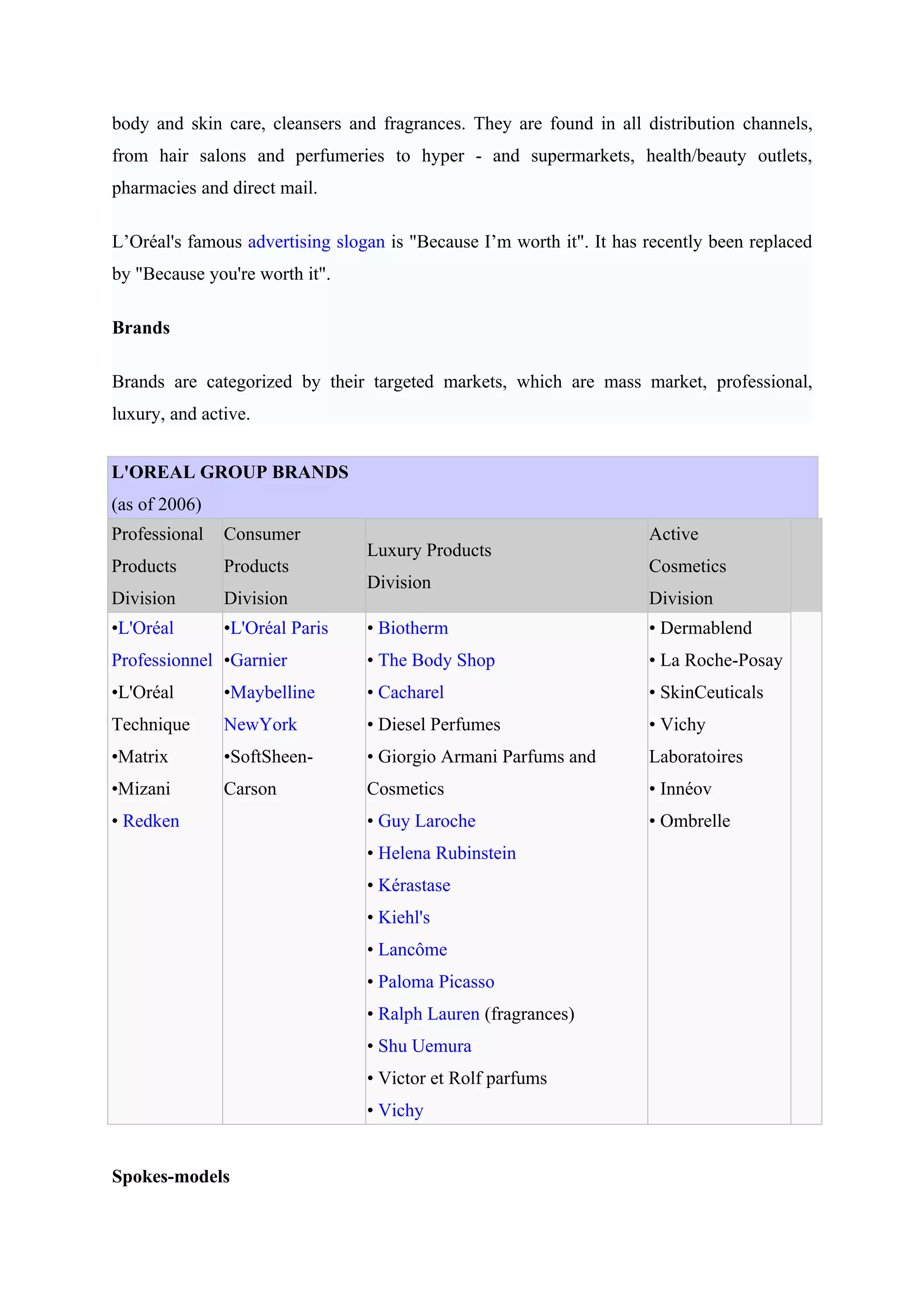 body and skin care, cleansers and fragrances. They are found in all distribution channels,
from hair salons and perfumeries to hyper - and supermarkets, health/beauty outlets,
pharmacies and direct mail.

L’Oréal's famous advertising slogan is "Because I’m worth it". It has recently been replaced
by "Because you're worth it".

Brands

Brands are categorized by their targeted markets, which are mass market, professional,
luxury, and active.


L'OREAL GROUP BRANDS
(as of 2006)
Professional   Consumer                                               Active
                                 Luxury Products
Products       Products                                               Cosmetics
                                 Division
Division       Division                                               Division
•L'Oréal       •L'Oréal Paris    • Biotherm                           • Dermablend
Professionnel •Garnier           • The Body Shop                      • La Roche-Posay
•L'Oréal       •Maybelline       • Cacharel                           • SkinCeuticals
Technique      NewYork           • Diesel Perfumes                    • Vichy
•Matrix        •SoftSheen-       • Giorgio Armani Parfums and         Laboratoires
•Mizani        Carson            Cosmetics                            • Innéov
• Redken                         • Guy Laroche                        • Ombrelle
                                 • Helena Rubinstein
                                 • Kérastase
                                 • Kiehl's
                                 • Lancôme
                                 • Paloma Picasso
                                 • Ralph Lauren (fragrances)
                                 • Shu Uemura
                                 • Victor et Rolf parfums
                                 • Vichy


Spokes-models
 