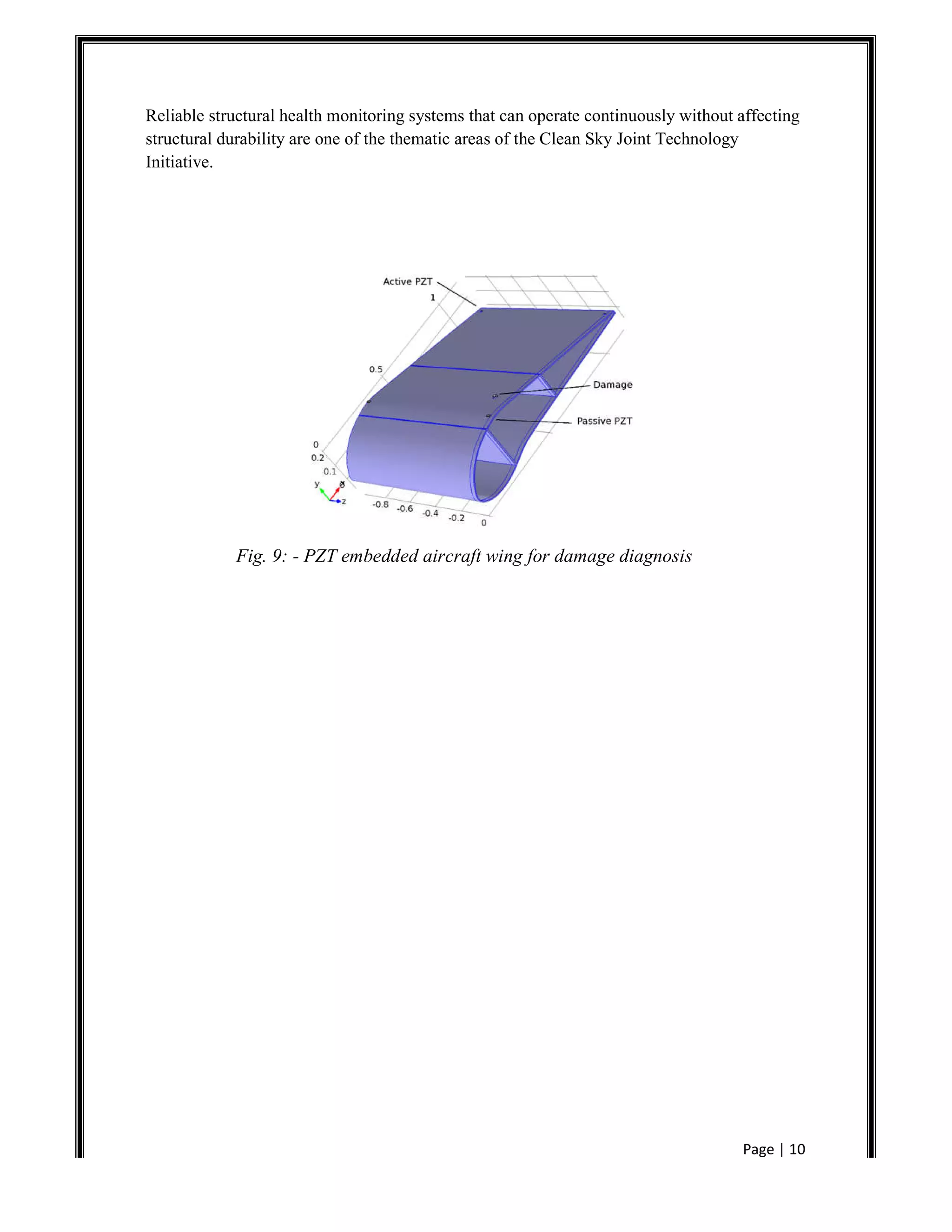 Page | 10
Reliable structural health monitoring systems that can operate continuously without affecting
structural durability are one of the thematic areas of the Clean Sky Joint Technology
Initiative.
Fig. 9: - PZT embedded aircraft wing for damage diagnosis
 