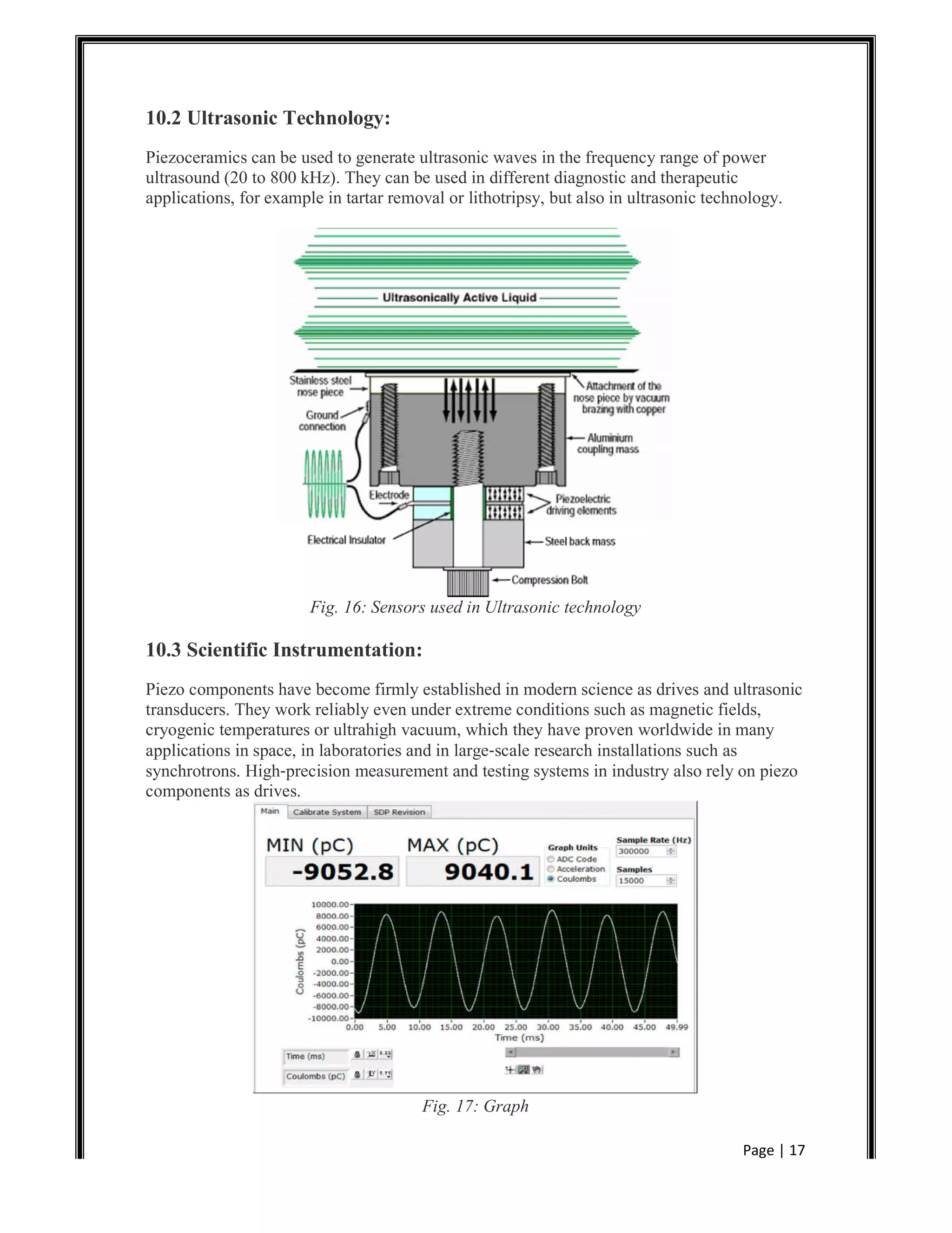 Page | 17
10.2 Ultrasonic Technology:
Piezoceramics can be used to generate ultrasonic waves in the frequency range of power
ultrasound (20 to 800 kHz). They can be used in different diagnostic and therapeutic
applications, for example in tartar removal or lithotripsy, but also in ultrasonic technology.
Fig. 16: Sensors used in Ultrasonic technology
10.3 Scientific Instrumentation:
Piezo components have become firmly established in modern science as drives and ultrasonic
transducers. They work reliably even under extreme conditions such as magnetic fields,
cryogenic temperatures or ultrahigh vacuum, which they have proven worldwide in many
applications in space, in laboratories and in large‐scale research installations such as
synchrotrons. High‐precision measurement and testing systems in industry also rely on piezo
components as drives.
Fig. 17: Graph
 