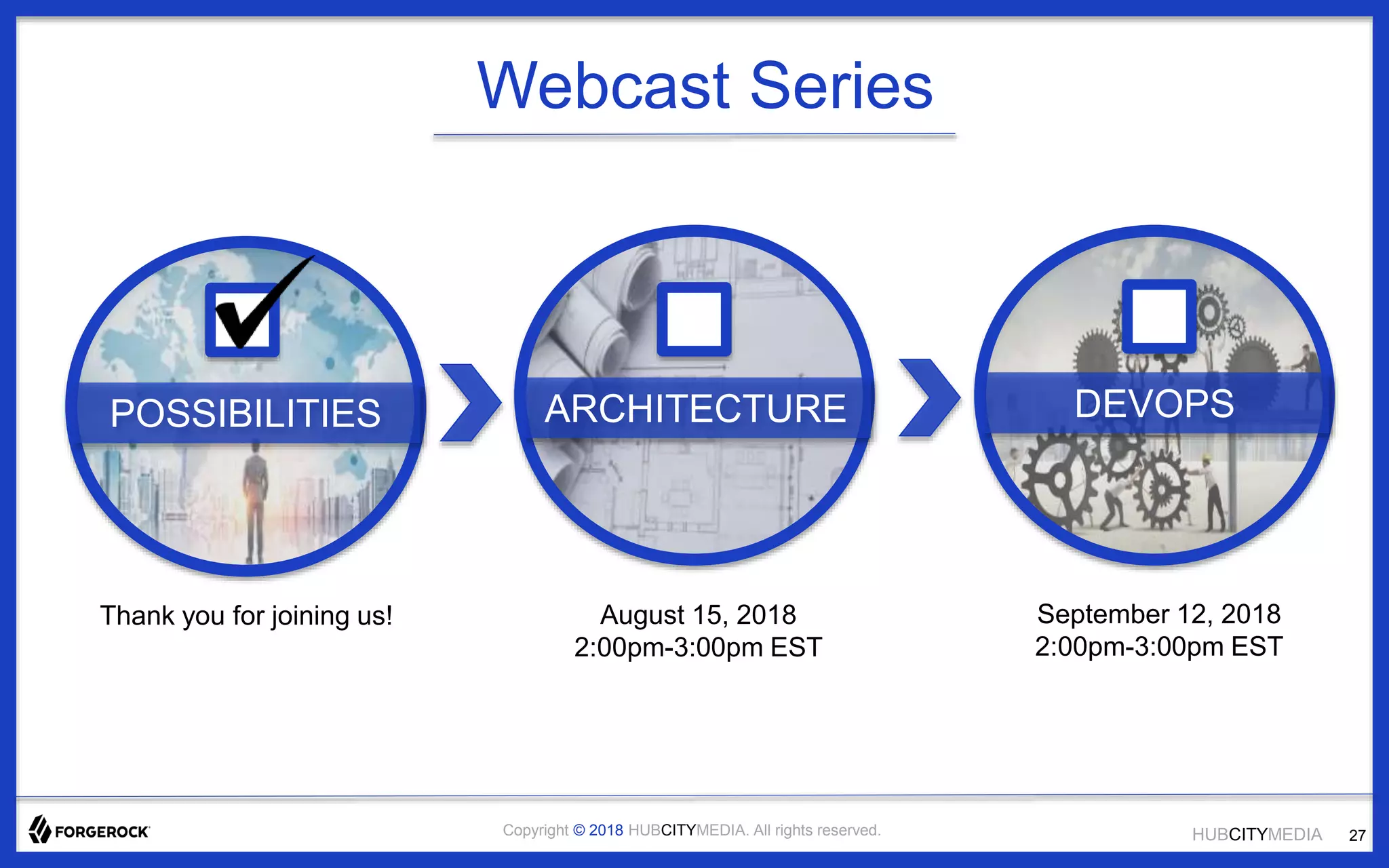 HUBCITYMEDIACopyright © 2018 HUBCITYMEDIA. All rights reserved.
Webcast Series
POSSIBILITIES ARCHITECTURE DEVOPS
August 15, 2018
2:00pm-3:00pm EST
September 12, 2018
2:00pm-3:00pm EST
Thank you for joining us!
27
 