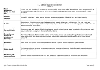 K to 12 BASIC EDUCATION CURRICULUM
K to 12 Health Curriculum Guide December 2013 Page 64 of 66
GLOSSARY
Injury
Prevention,
Safety and First
Aid
Causes, cost, and prevention of accidents and injuries at home, in the school and in the community and in the performance of
different activities, through promotion of safe environments, safety programs, procedures and services, including first aid
education
Learner-
centered
Focuses on the student's needs, abilities, interests, and learning styles with the teacher as a facilitator of learning
Nutrition
Recognition of the nutrients children and adolescents need, analysis of the quality and quantity of their food intake, and
development of proper eating habits to meet physiological, psychological and social needs, including diseases and disorders that
arise from improper eating habits
Personal Health
Development and daily practice of health behaviors that promote physical, mental, social, emotional, and moral/spiritual health
and prevention and management of personal health problems
Prevention and
Control of
Diseases and
Disorders
Prevention and control of communicable and non-communicable diseases and disorders through the development of health
habits and practices and health programs supported by legislation and provision of health services in the school and the
community
Preventive Helps people take positive action on their health and lifestyle to prevent disease and achieve optimum health
Rights-based
Furthers the realization of human rights as laid down in the Universal Declaration of Human Rights and other international
human rights instruments
Standards and
outcomes-based
Requires students to demonstrate that they have learned the academic standards set on required skills and content
 