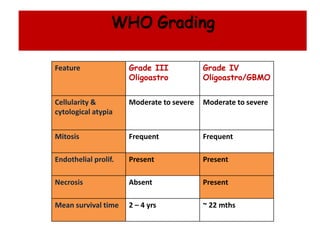 Feature Grade III
Oligoastro
Grade IV
Oligoastro/GBMO
Cellularity &
cytological atypia
Moderate to severe Moderate to severe
Mitosis Frequent Frequent
Endothelial prolif. Present Present
Necrosis Absent Present
Mean survival time 2 – 4 yrs ~ 22 mths
WHO Grading
 