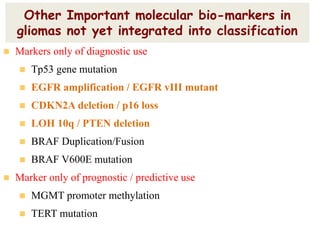 Other Important molecular bio-markers in
gliomas not yet integrated into classification
 Markers only of diagnostic use
 Tp53 gene mutation
 EGFR amplification / EGFR vIII mutant
 CDKN2A deletion / p16 loss
 LOH 10q / PTEN deletion
 BRAF Duplication/Fusion
 BRAF V600E mutation
 Marker only of prognostic / predictive use
 MGMT promoter methylation
 TERT mutation
 