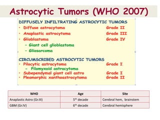 Astrocytic Tumors (WHO 2007)
WHO Age Site
Anaplastic Astro (Gr.III) 5th decade Cerebral hem, brainstem
GBM (Gr.IV) 6th decade Cerebral hemisphere
 