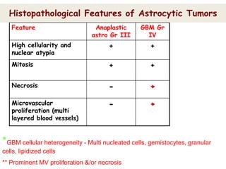 Feature Anaplastic
astro Gr III
GBM Gr
IV
High cellularity and
nuclear atypia
+ +
Mitosis + +
Necrosis - +
Microvascular
proliferation (multi
layered blood vessels)
- +
*GBM cellular heterogeneity - Multi nucleated cells, gemistocytes, granular
cells, lipidized cells
** Prominent MV proliferation &/or necrosis
Histopathological Features of Astrocytic Tumors
 